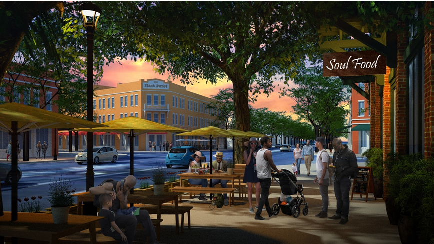 Outdoor dining scene in East Winter Garden featuring people socializing, tree-lined streets, and a "Soul Food" restaurant, illustrating proposed community enhancements and vibrant public spaces.