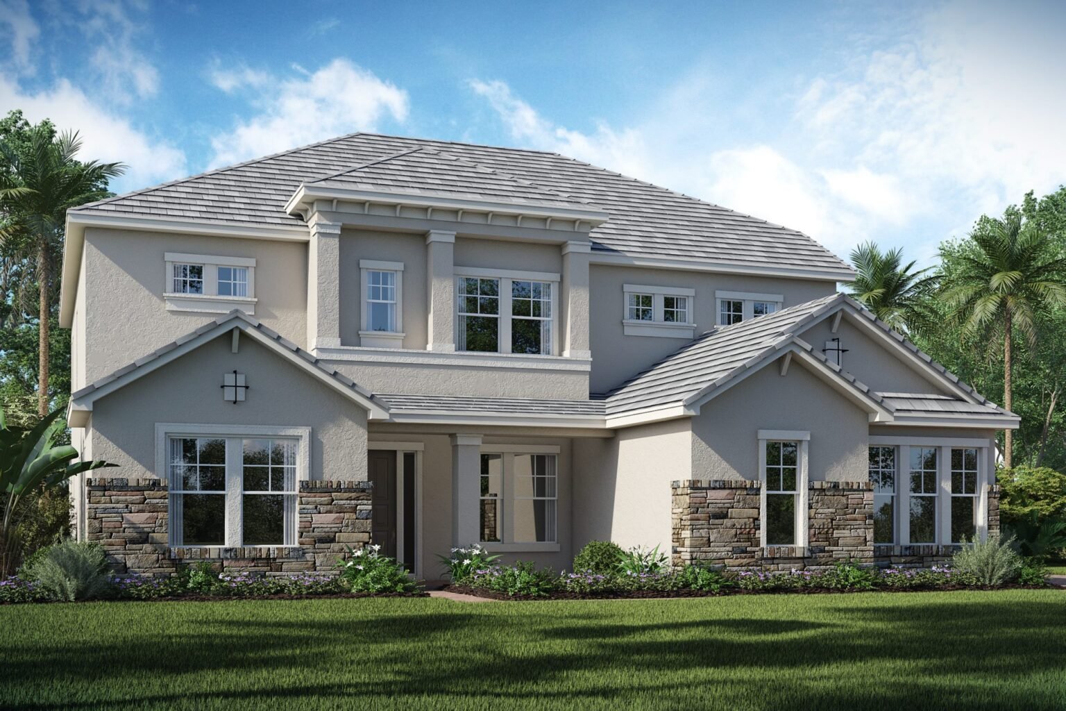 New home construction in Central Florida, showcasing a modern two-story house with stone accents and landscaped yard, surrounded by palm trees and greenery.