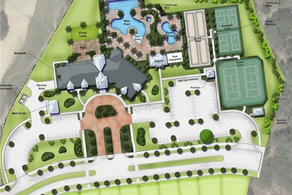 Community layout plan for Four Seasons at Orlando, featuring main pool, event space, tennis courts, and golf cart parking in a 55+ lifestyle community near Disney in Kissimmee, FL.