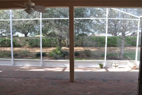 Screened patio view of landscaped backyard with trees and greenery at 117 Crepe Myrtle Dr, Groveland, FL, showcasing outdoor living space in Trilogy over 55 community.