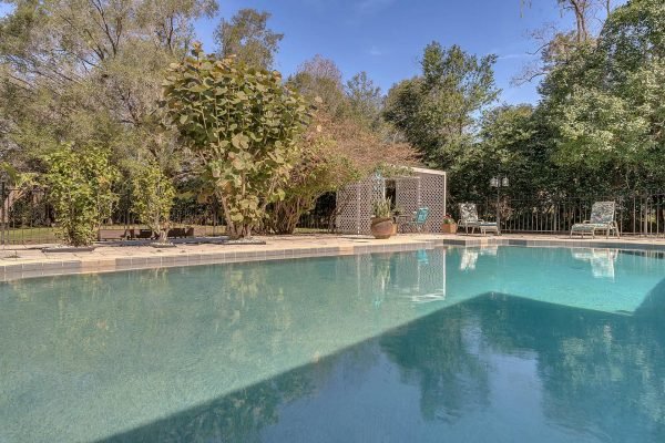 Pool area at 1421 Crescent Lake Dr, Windermere, FL, featuring a large swimming pool surrounded by lush greenery, lounge chairs, and a decorative shed, ideal for outdoor entertaining.