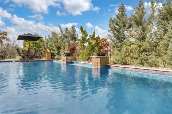 Heated saltwater pool surrounded by tropical landscaping and seating area in Winter Garden, Florida, showcasing outdoor living space ideal for entertaining.