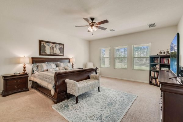 Master bedroom in Winter Garden home featuring a king-size bed, decorative artwork, large windows providing natural light, and a cozy seating area with a patterned rug.