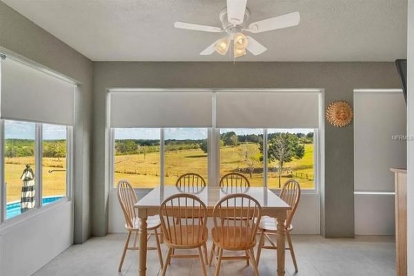 Bright dining area with wooden chairs and table, large windows showcasing scenic views of greenery and open fields, ceiling fan, and natural light highlighting the space, part of the property at 11630 Flynn Ct, Winter Garden, FL.