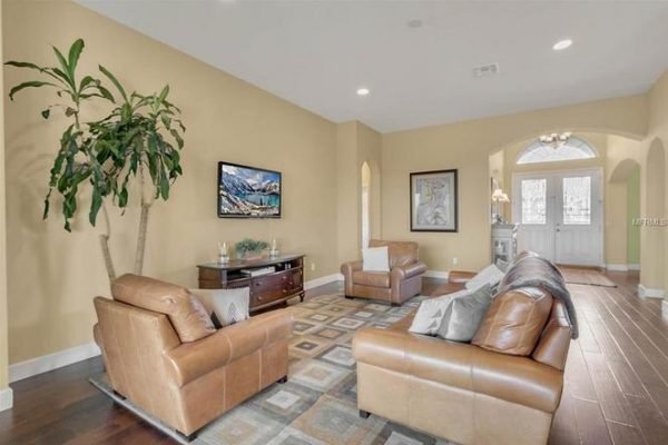 Spacious living room at 11630 Flynn Ct, Winter Garden, featuring leather armchairs, decorative rug, and a potted plant, with natural light from arched entryway and windows.