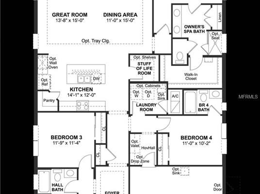 Floor plan of a new construction home at 1419 Lake Florence Way, Winter Park, featuring 4 bedrooms, 3 bathrooms, open living areas, and a spacious kitchen layout.