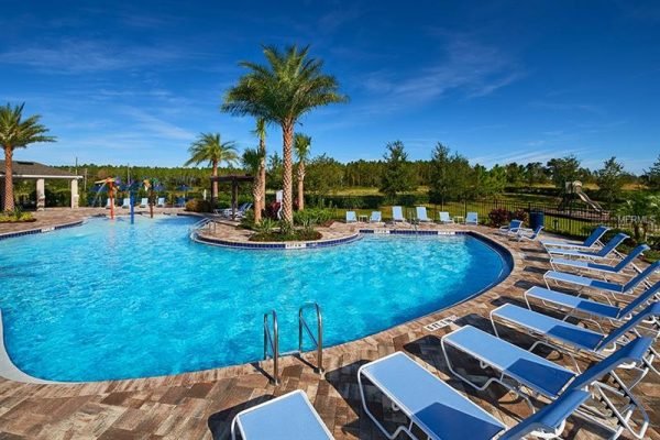 Community pool with lounge chairs and palm trees in Apopka, FL, highlighting amenities for residents of the Hilltop neighborhood.