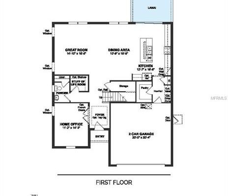 First floor layout of a Bessemer floor plan home featuring a great room, dining area, kitchen with pantry, home office, and two-car garage at 896 Grand Hilltop, Apopka, FL.