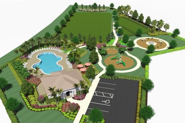 Aerial view of a community recreation area featuring a swimming pool, playground, open green space, and parking lot, surrounded by lush landscaping, emphasizing resort-style amenities.