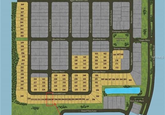 Map layout of residential lots in a planned community, highlighting 1827 Hawksbill LN, Saint Cloud, FL, adjacent to a community pool and recreational area.