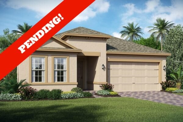 Pending home listing at 4756 Riverwalk Dr, St. Cloud, FL, featuring a one-story design with three bedrooms, landscaped front yard, and a red "PENDING!" overlay.