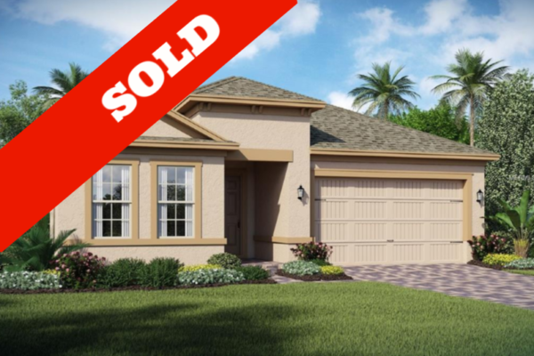 Sold single-family home in St. Cloud, featuring a modern exterior with landscaped front yard and palm trees, showcasing the San Andres floor plan.