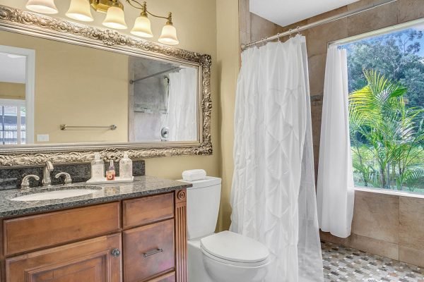 Master bathroom featuring elegant fixtures, a large mirror, granite countertop, and a window with views of greenery, highlighting a serene and private ambiance.