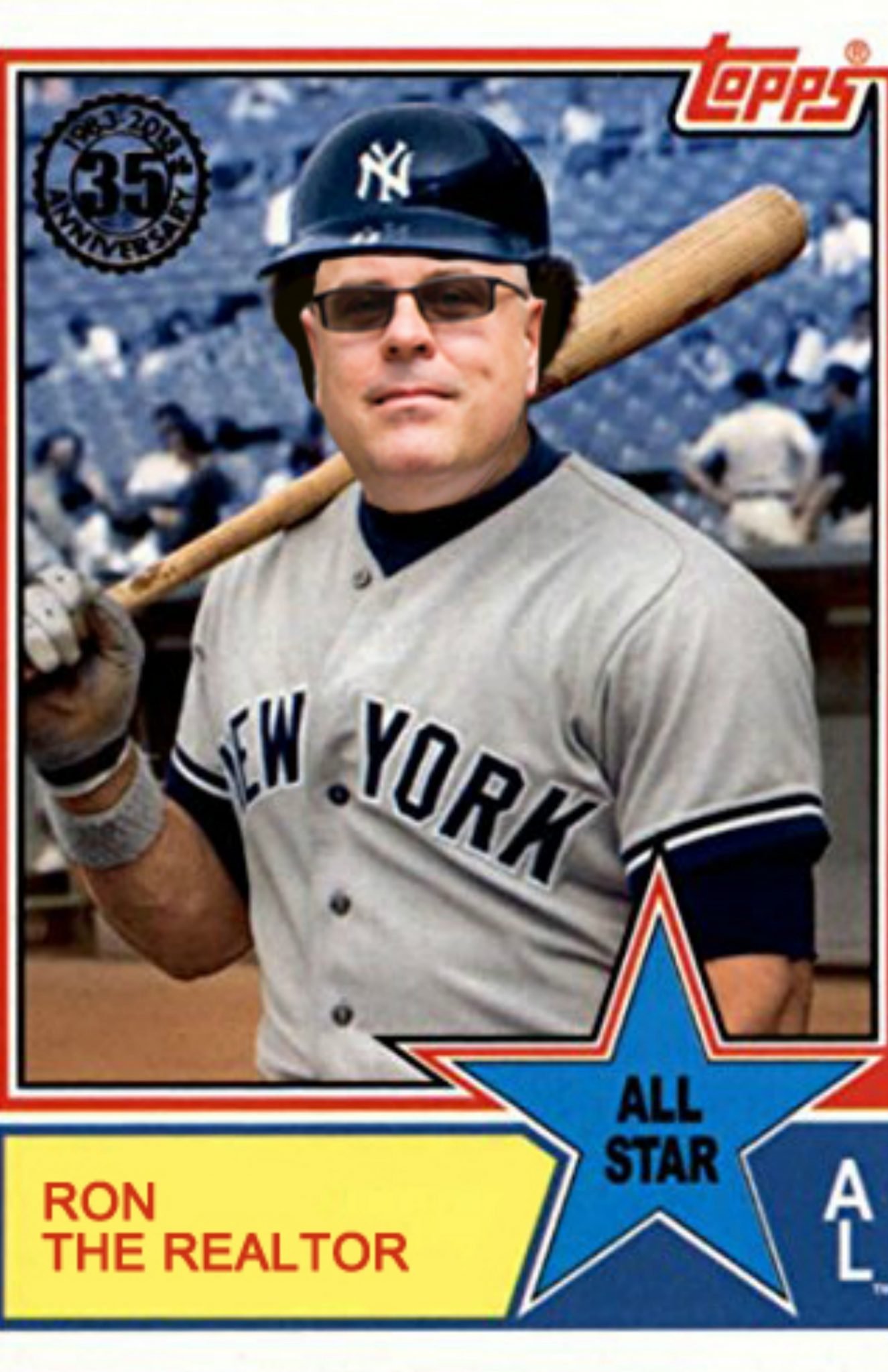 Ron the Realtor depicted as a baseball player in a New York Yankees uniform, holding a bat, symbolizing real estate success and achievements in the Orlando market.