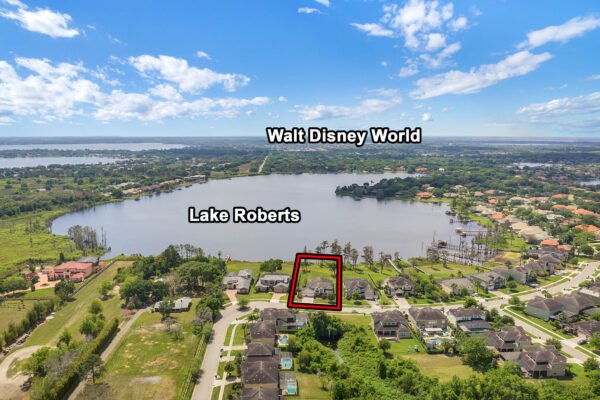 Aerial view of Lake Roberts and surrounding area, highlighting the property at 1837 Lake Roberts Landing Dr, Winter Garden, FL, with labels for Lake Roberts and Walt Disney World in the background.