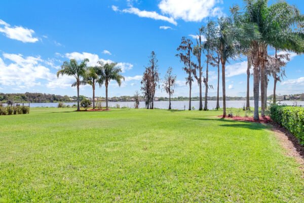 Lakefront view featuring lush green lawn, palm trees, and scenic water landscape at 1837 Lake Roberts Landing Dr, Winter Garden, FL.