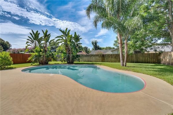 Backyard with a swimming pool surrounded by tropical plants and a privacy fence, showcasing a spacious lawn in a residential setting, ideal for families and outdoor living.