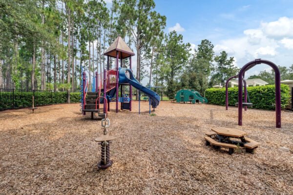 Playground in Windermere community featuring colorful slides, swings, and a play structure surrounded by trees and mulch, ideal for family-friendly activities.