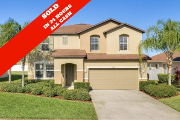 Pending-overlay-copy-6 Sold home at 592 First Cape Coral Dr, Winter Garden, FL, featuring a two-story exterior with landscaped yard, palm trees, and a prominent "SOLD" banner indicating sale within 24 hours for all cash.