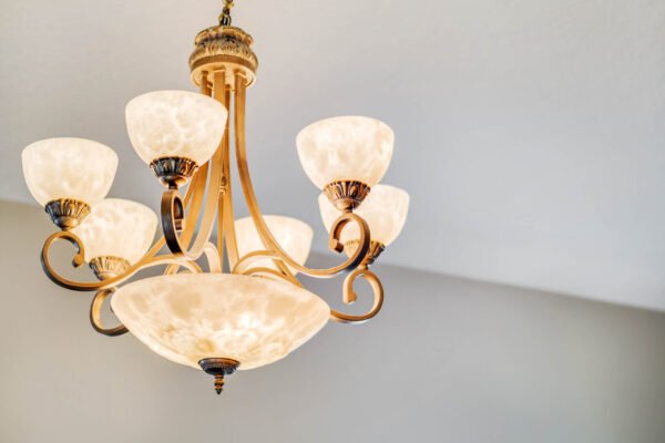 Chandelier with six frosted glass shades and ornate gold accents, featured in the interior of a home for sale at 13915 Zephermoor Lane, Winter Garden, FL.