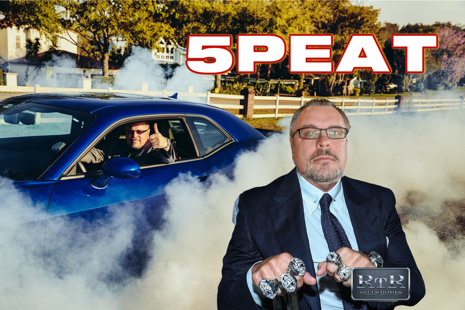 Man in suit showcasing multiple championship rings, sitting in blue car with smoke, emphasizing RTR Orlando's real estate success and record sales.