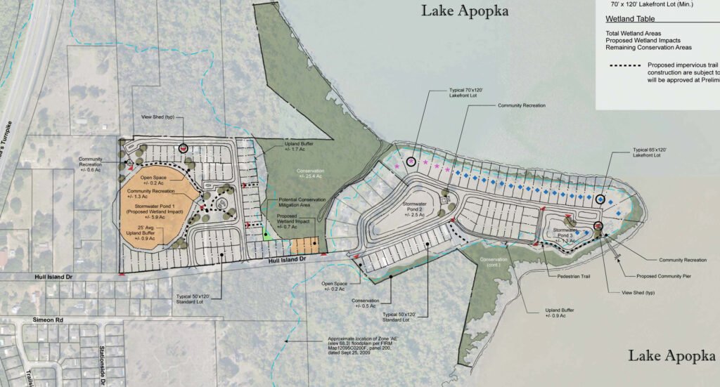 Map of the proposed housing development in Hull Island, Oakland, illustrating community layout, open spaces, conservation areas, and recreational facilities near Lake Apopka.