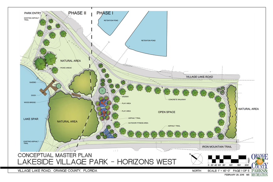 Conceptual master plan for Lakeside Village Park in Windermere, Florida, showcasing planned features including natural areas, play areas, gazebos, and trails.