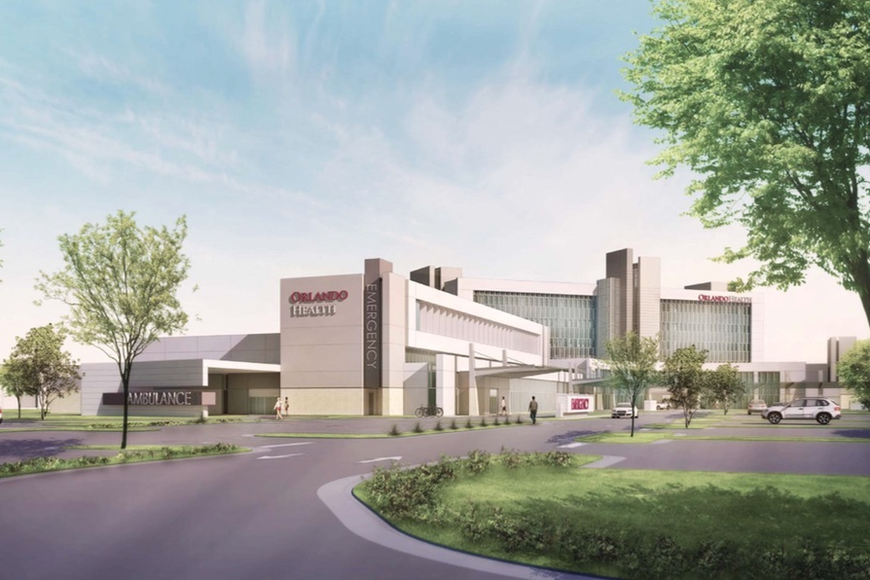 Orlando Health Horizon West Hospital exterior rendering featuring emergency and ambulance entrance, showcasing planned expansion and modern healthcare facilities.
