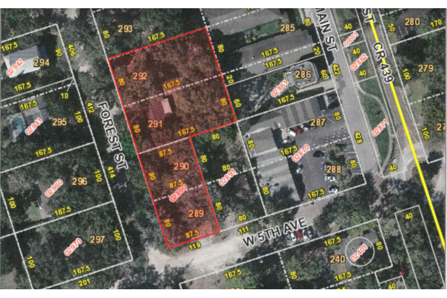 Map of proposed parking lot area in downtown Windermere, highlighting parcels 289, 290, 291, and 292, with surrounding streets and existing parking spaces.